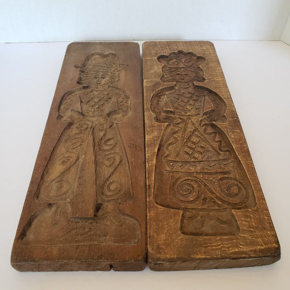 Pair Vintage Hand Carved Wooden Cookie Biscuit Baking Molds Boy and Girl - Picture 2 of 7